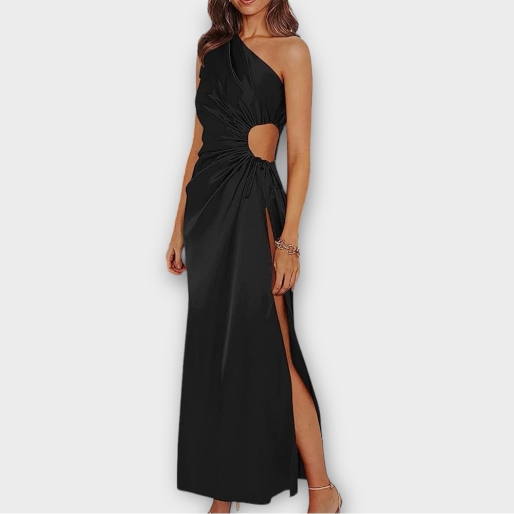 Pretty Garden One Shoulder Cut Off High Split Black Satin Dress - Picture 3 of 11